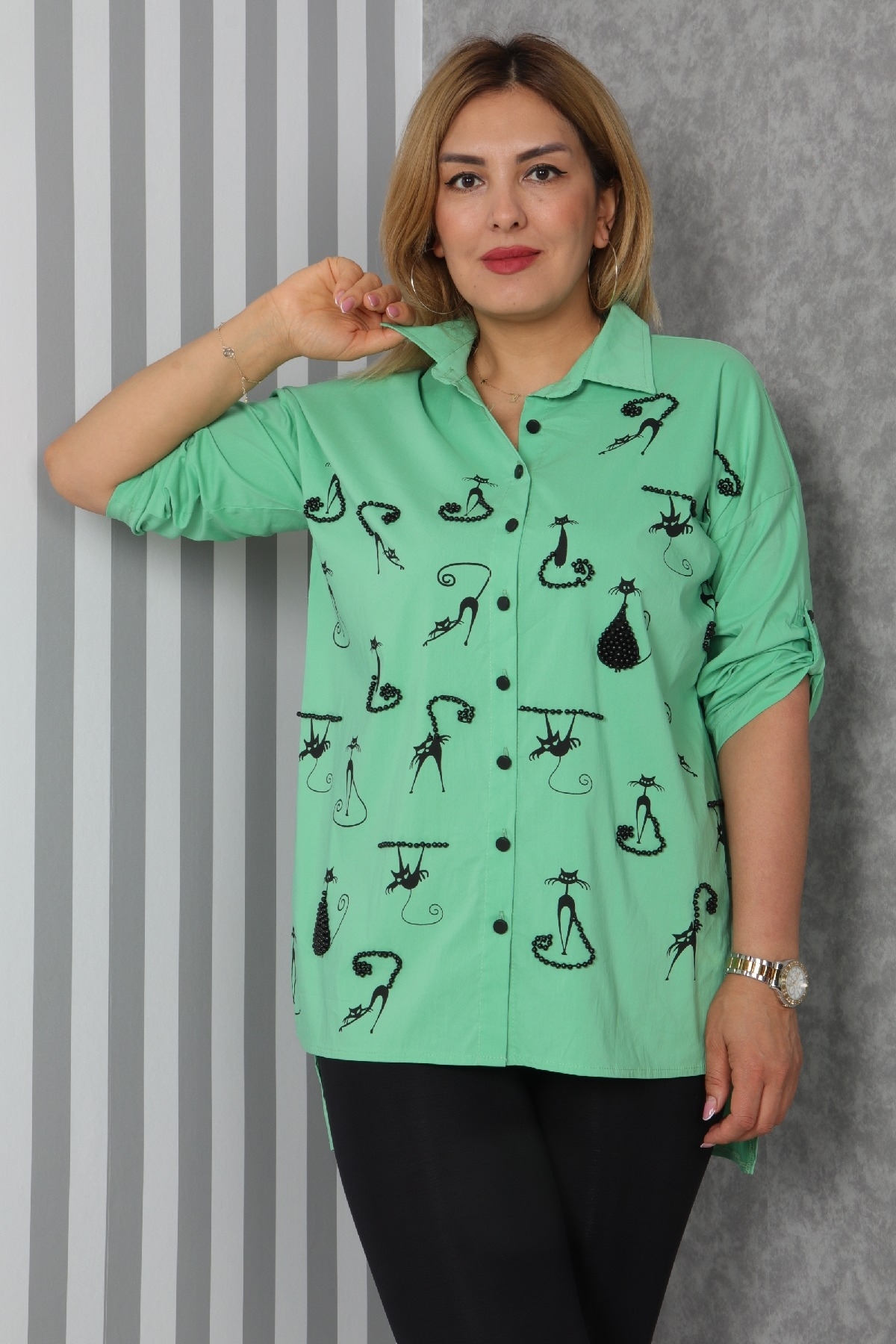Asymmetric long sleeve front buttoned shirt with cat print, embellished with pearls