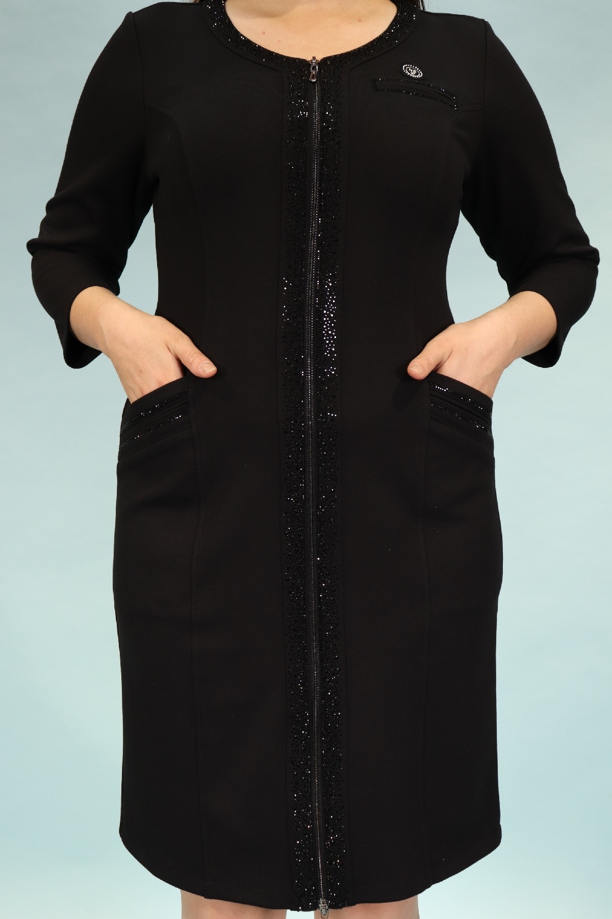 büyük beden diz üstü sıfır yaka fermuarlı payet işlemeli siyah renk şık elbise 