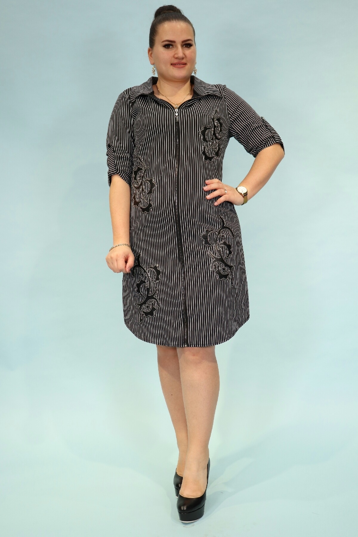 triped zipper embroidery tunic dress