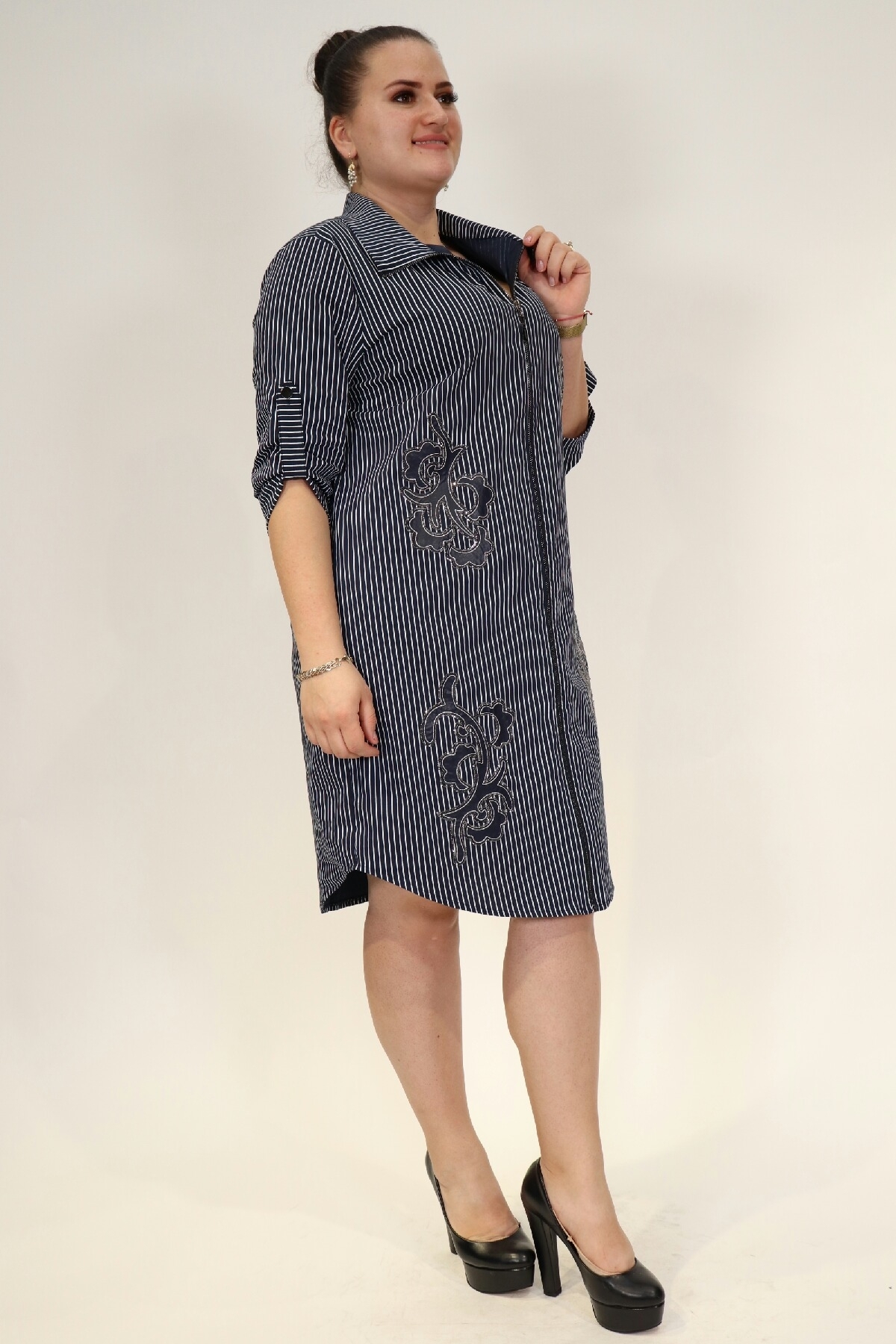 triped zipper embroidery tunic dress
