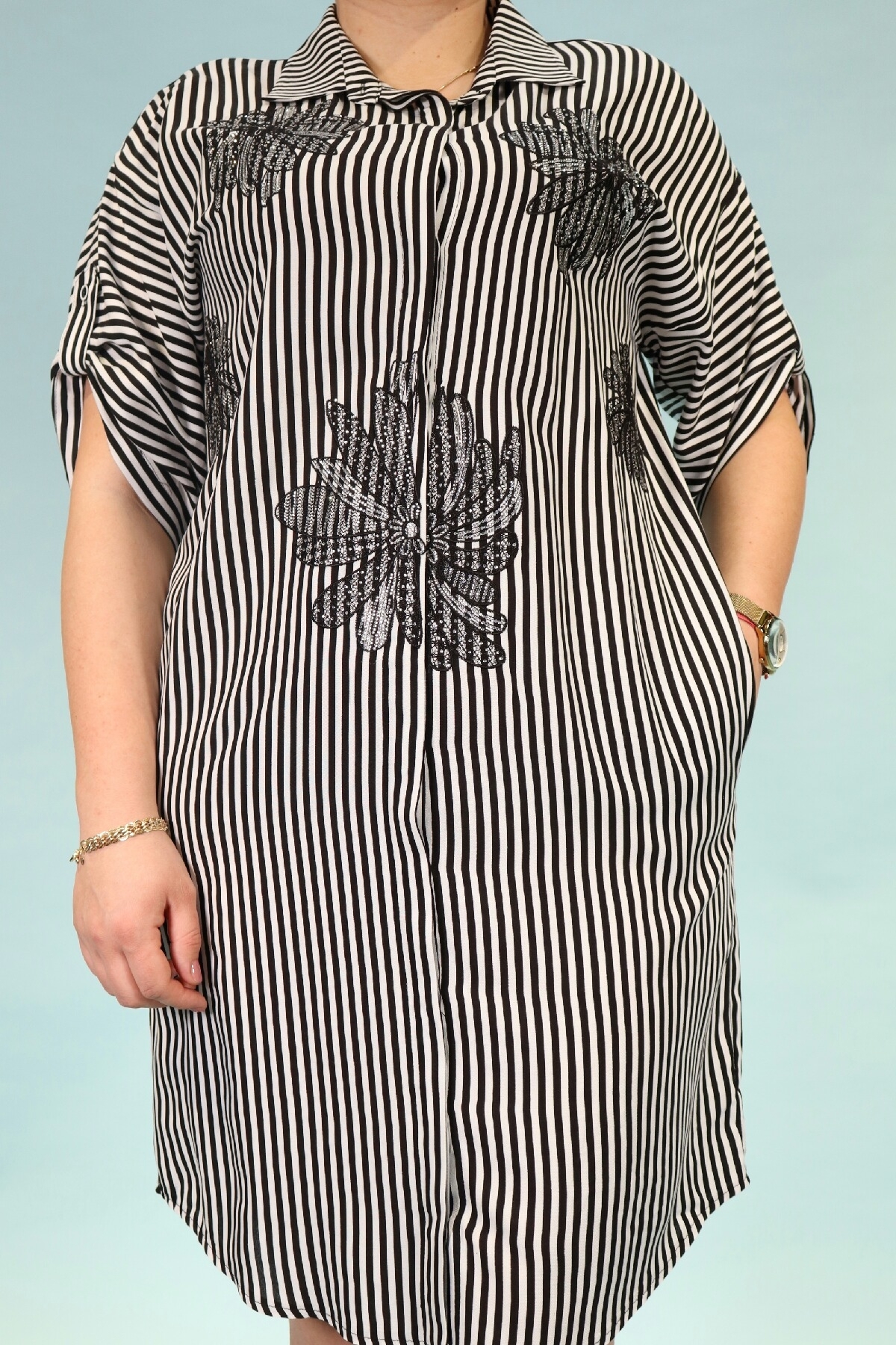 Plus size shirt dress with adjustable short sleeves, front buttons, pockets, stripes, knee-length, floral embroidery