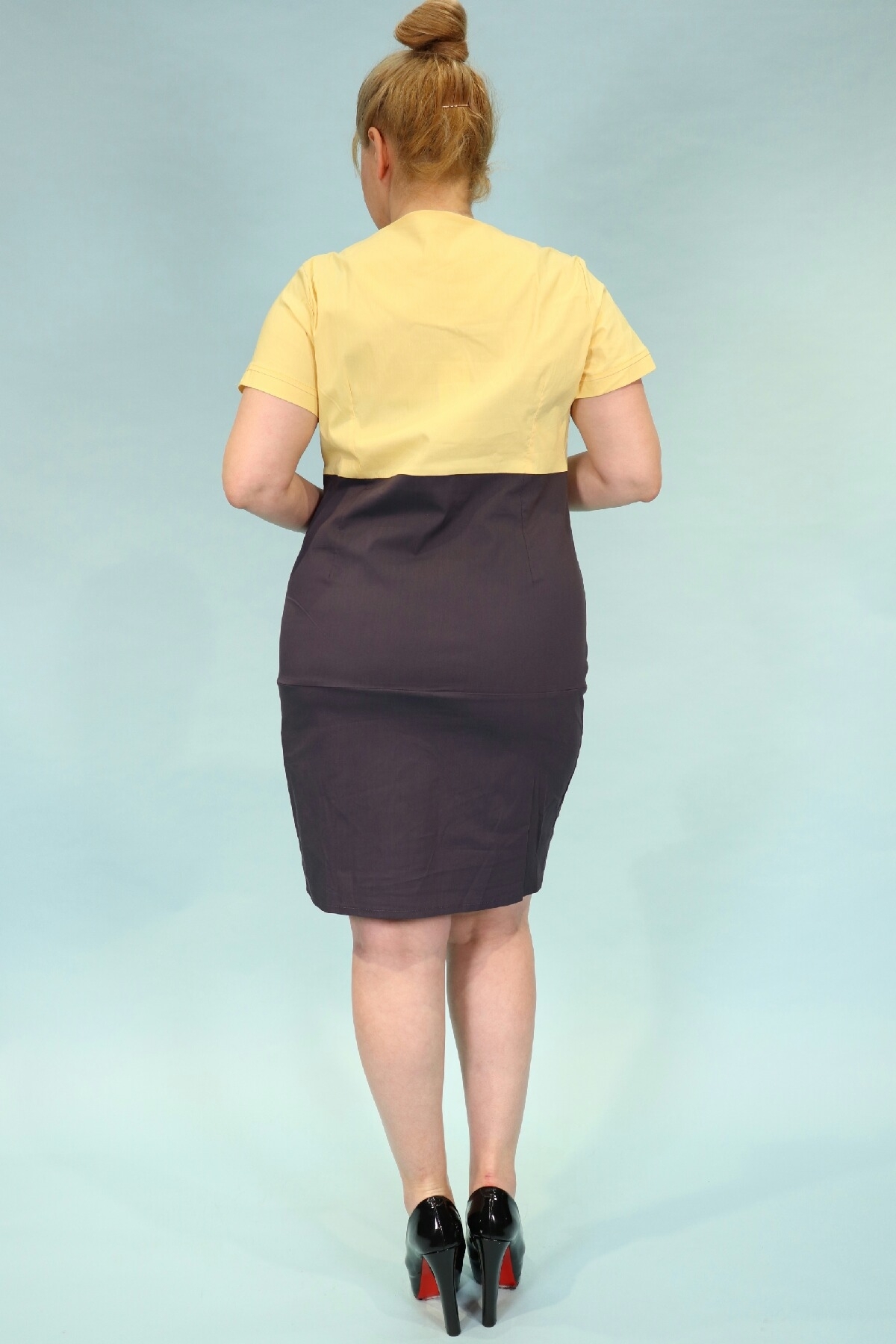 Şeritli çift renkli cepli  kısa kollu dizden elbise