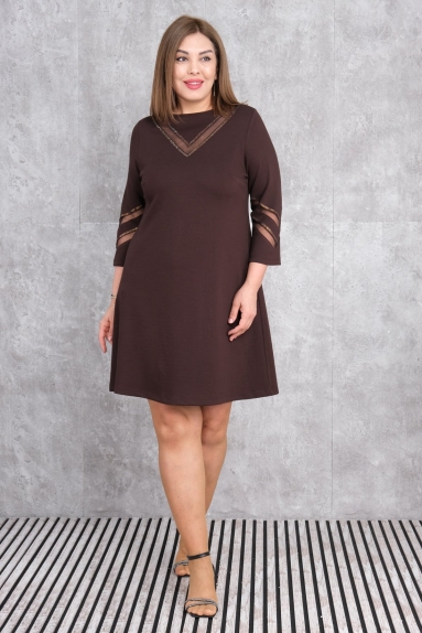  This plus-size dress stands out with its elegant design and brown color. Available in sizes 42, 44, 46, and 48. The fabric composition consists of 75% Polyester, 20% Cotton, and 5% Lycra. The dress features 3/4 sleeves embellished with fine transparent strips. It also has a round neckline with V-shaped lace details. Its comfortable cut provides all-day comfort, making it suitable for various occasions.