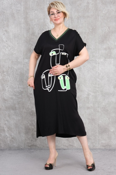  This elegant plus-size womens dress is both comfortable and stylish. Its black color makes it suitable for all seasons and various events. The dress features a V-neck and short sleeves with modern graphic patterns on the front. The flared cut from the waist down ensures comfortable wear while adding a touch of elegance. Available in sizes 42, 44, 46, and 48. Made from 80% cotton and 20% polyester, it provides breathability and long-lasting durability.