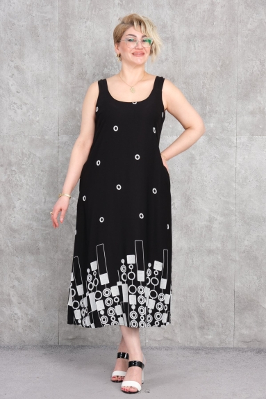  Bu şık ve rahat Büyük Beden kadın İkili Takım, siyah renkte sunulmaktadır. Ürün, %95 Pamuk ve %5 Likra kumaş içeriğine sahiptir, bu da ona hem konfor hem de esneklik kazandırır. 42, 44, 46 ve 48 beden seçeneklerine sahip olan bu takım, her vücut tipine uyacak şekilde tasarlanmıştır. Mankenin üzerinde, önde ve arkada detaylı geometrik desenler göze çarpmaktadır, bu da ürüne modern ve sofistike bir görünüm kazandırmaktadır. Üst kısımda geniş askıları bulunan elbisenin etek kısmında daha yoğun bir şekilde aplikeler yer almaktadır, bu da tasarıma zarif bir hava katmaktadır. Günlük kullanım için idealdir ve kolayca kombinlenebilir.