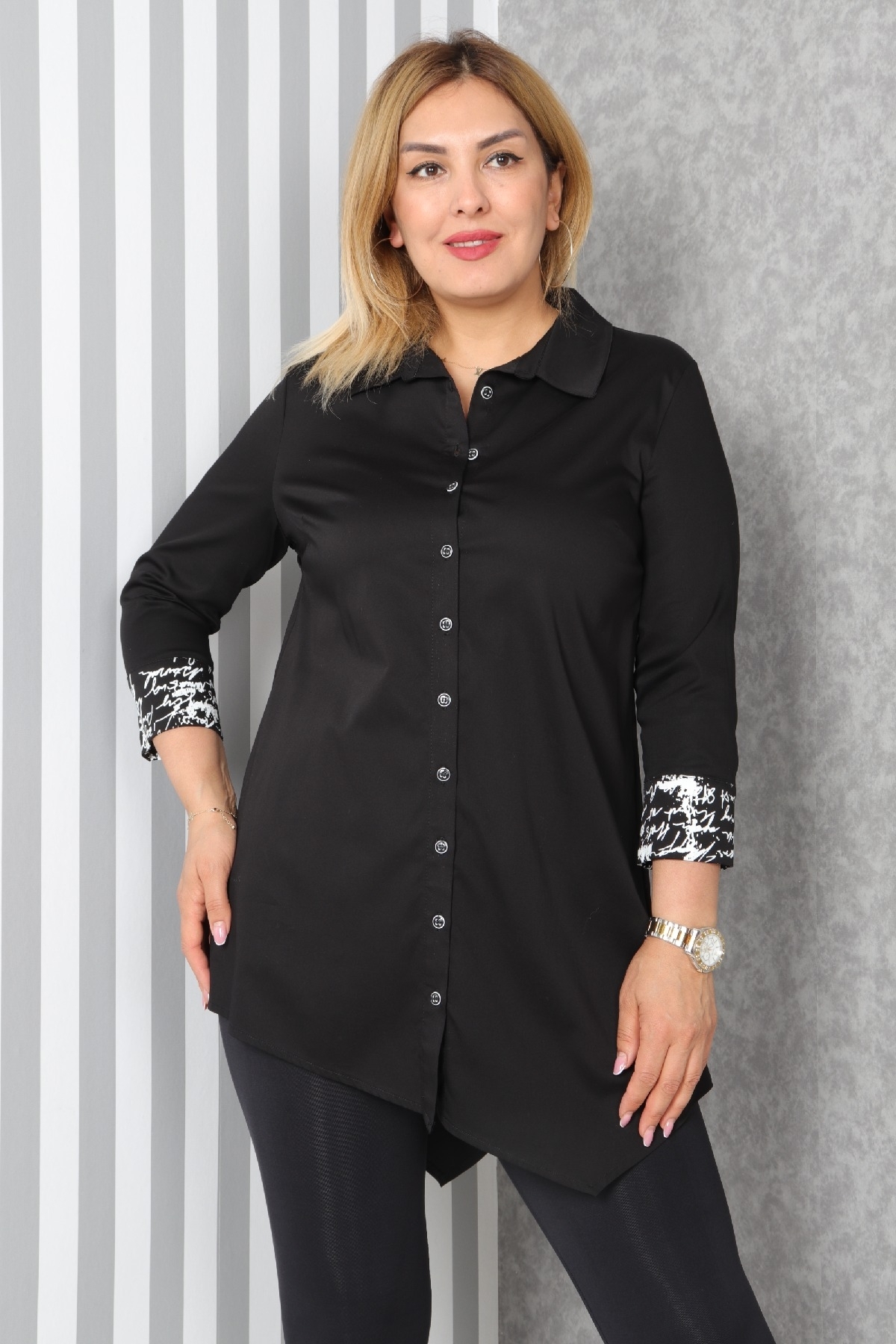 Blouse with front button detail and asymmetric bottom