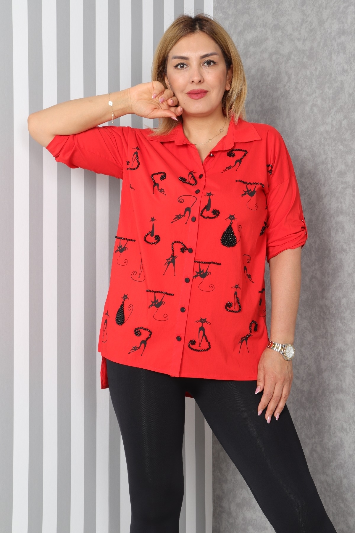 Asymmetric long sleeve front buttoned shirt with cat print, embellished with pearls