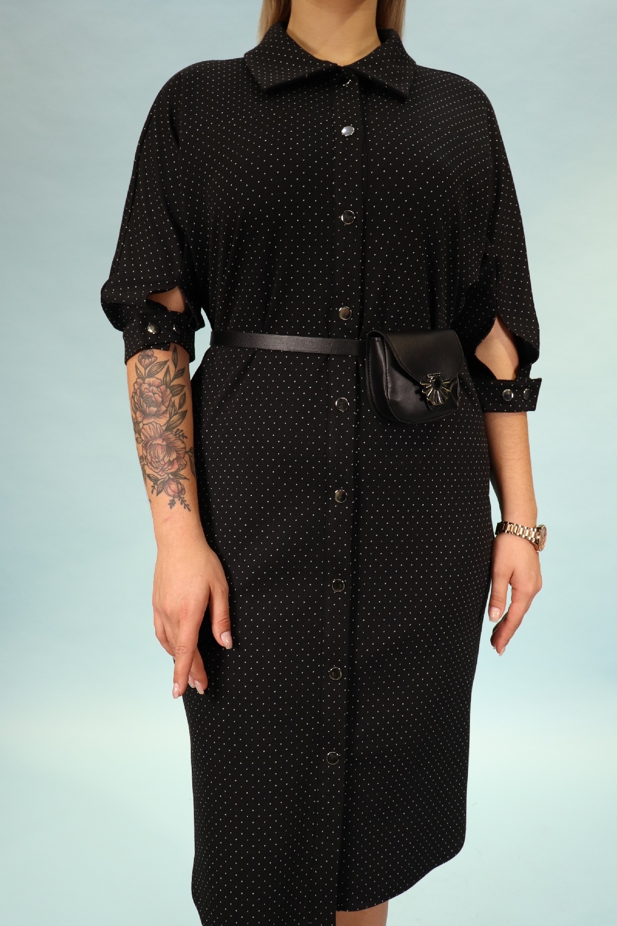 büyük beden siyah şık önü düğmeli kemeri cep detaylı gömlek tarzı elbise 