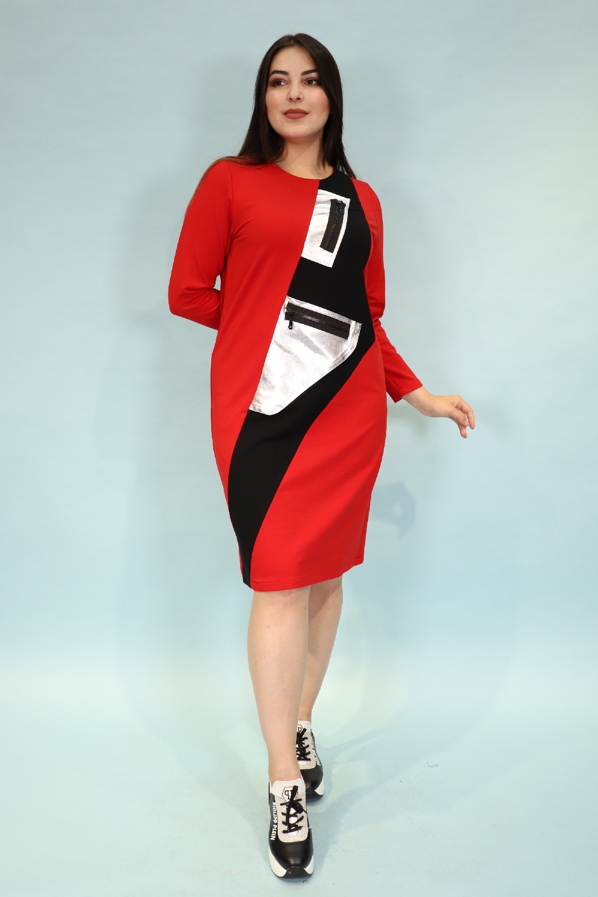 uzun kollu spor stil diz üstü çift renk önde asimetrik dizaynlı fermuar cepli büyük beden elbise
