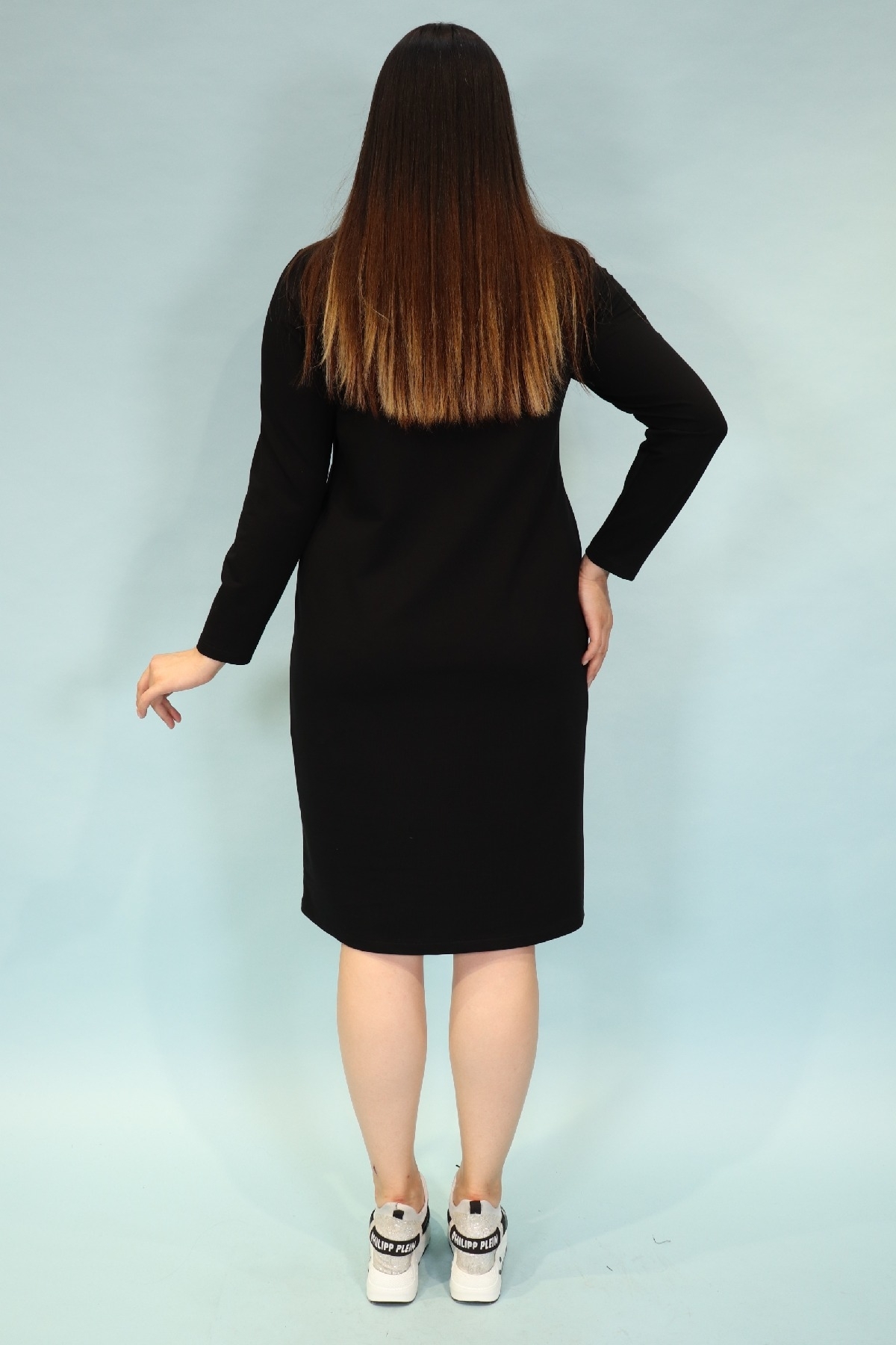 uzun kollu spor stil diz üstü çift renk önde asimetrik dizaynlı fermuar cepli büyük beden elbise